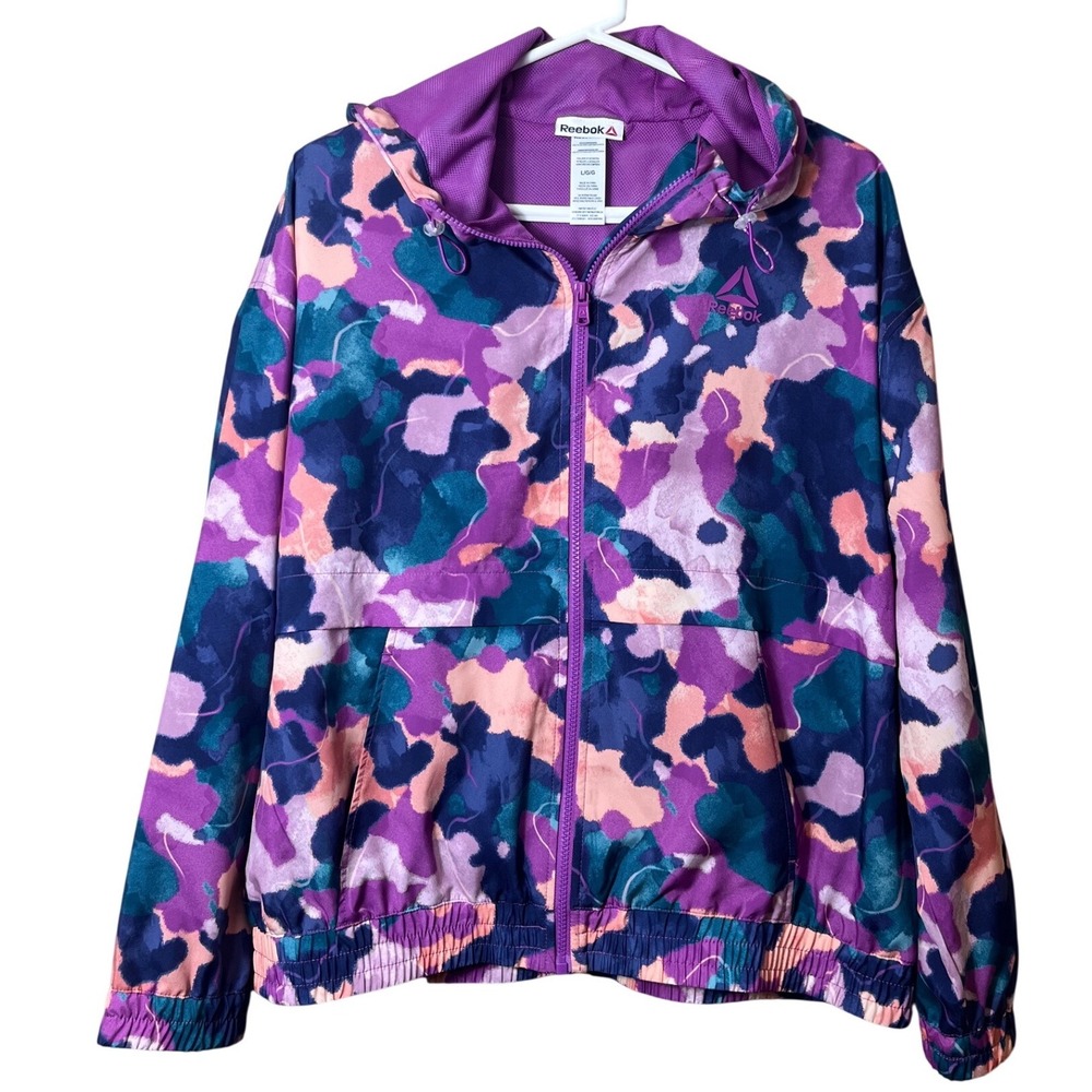 Reebok Purple Abstract Camo Windbreaker Jacket Women Large L Gorpcore Athleisure